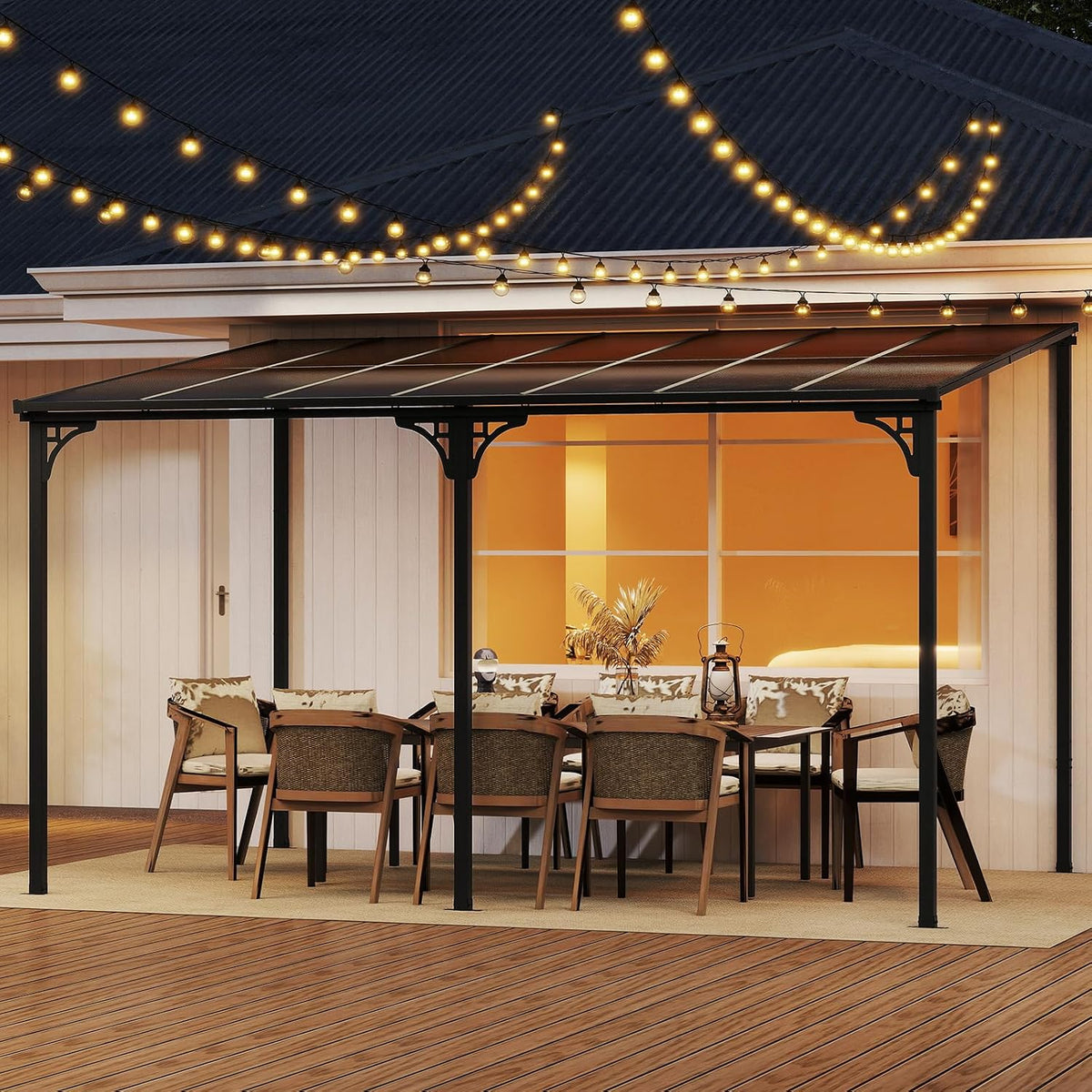 Tangkula 10x13 Ft Lean-to Wall-Mounted Gazebo, Large Hardtop Pergola with Sloped Polycarbonate Roof, Aluminum & Metal Frame, Heavy-Duty Permanent Shelter for Deck Porch Backyard (Black,10x13 FT)
