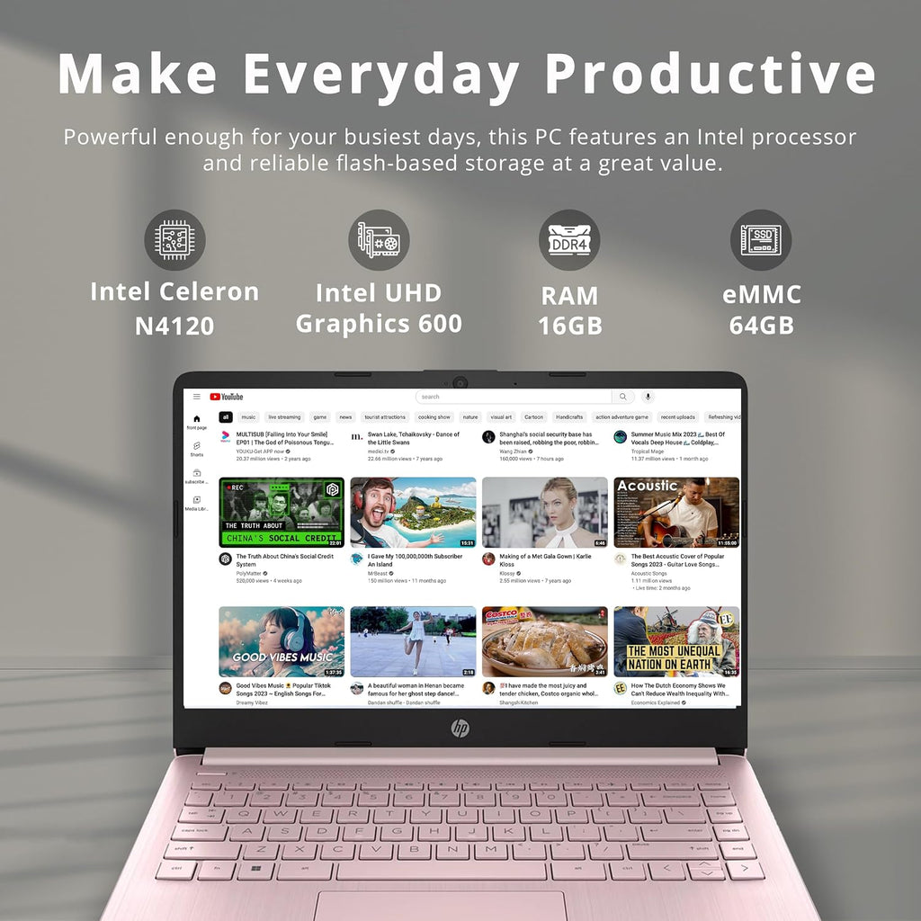 HP Stream 14' HD BrightView Laptop, Intel Celeron N4120 Processor, 16GB RAM, 64GB SSD, Intel UHD Graphics, 720p Webcam, WiFi, HDMI, Win 11 S, Pink (Renewed)