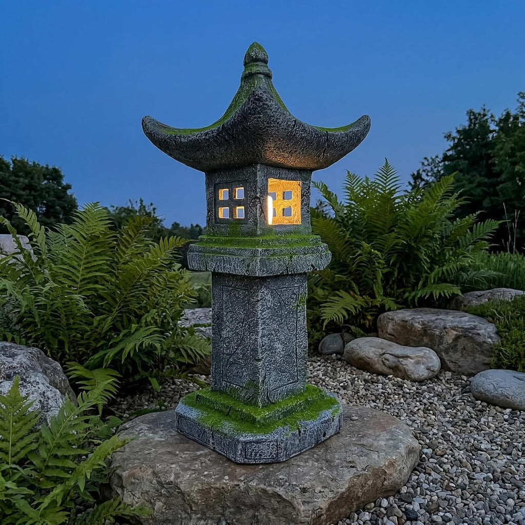 Japanese Pagoda Statue Solar-Powered LED Light Moss-Covered Retro Miniature Tower Lantern Garden Decoration Figurines Solar Lamp Outdoor Asian Decoration Zen Courtyard Landscape 31.5''High