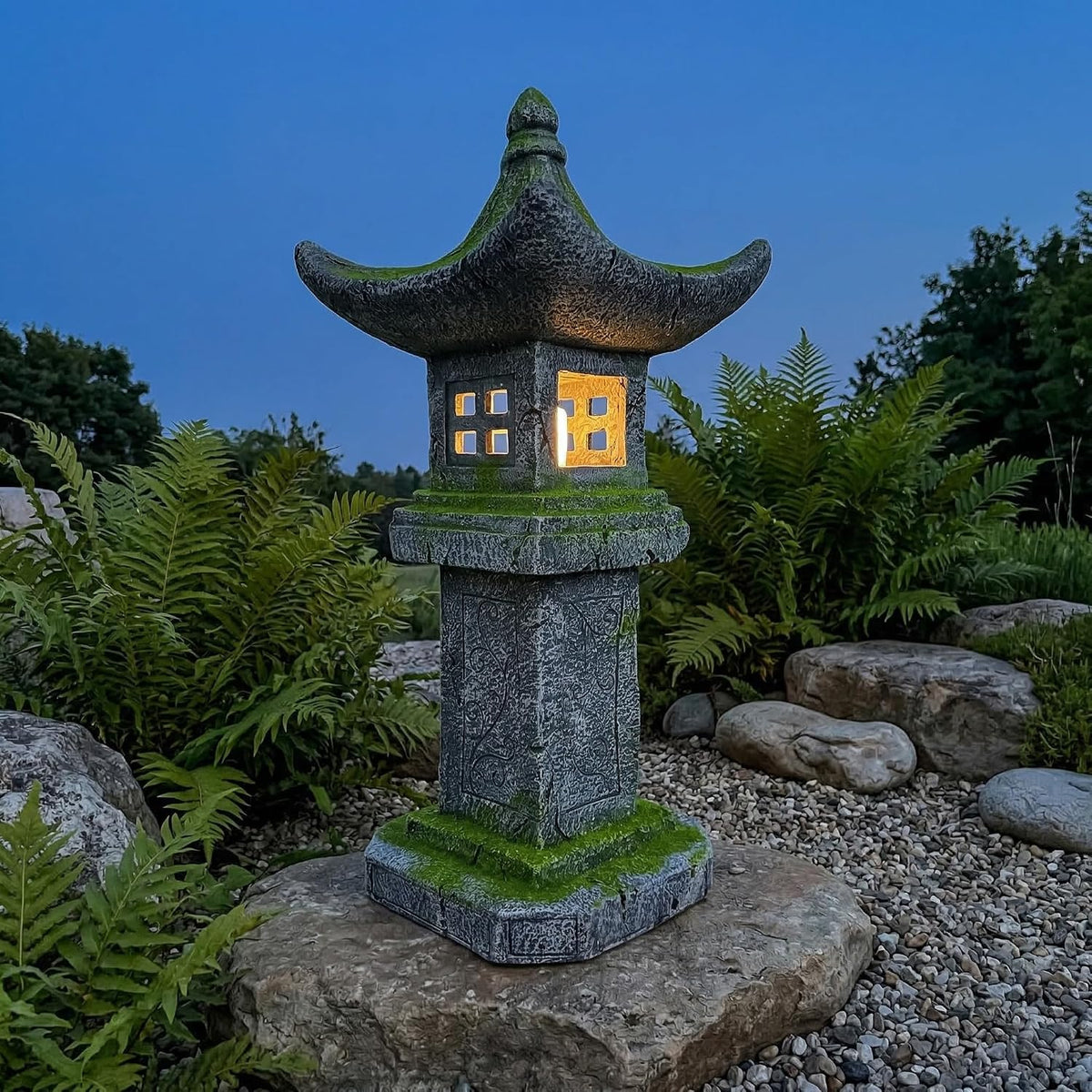 Japanese Pagoda Statue Solar-Powered LED Light Moss-Covered Retro Miniature Tower Lantern Garden Decoration Figurines Solar Lamp Outdoor Asian Decoration Zen Courtyard Landscape 31.5''High