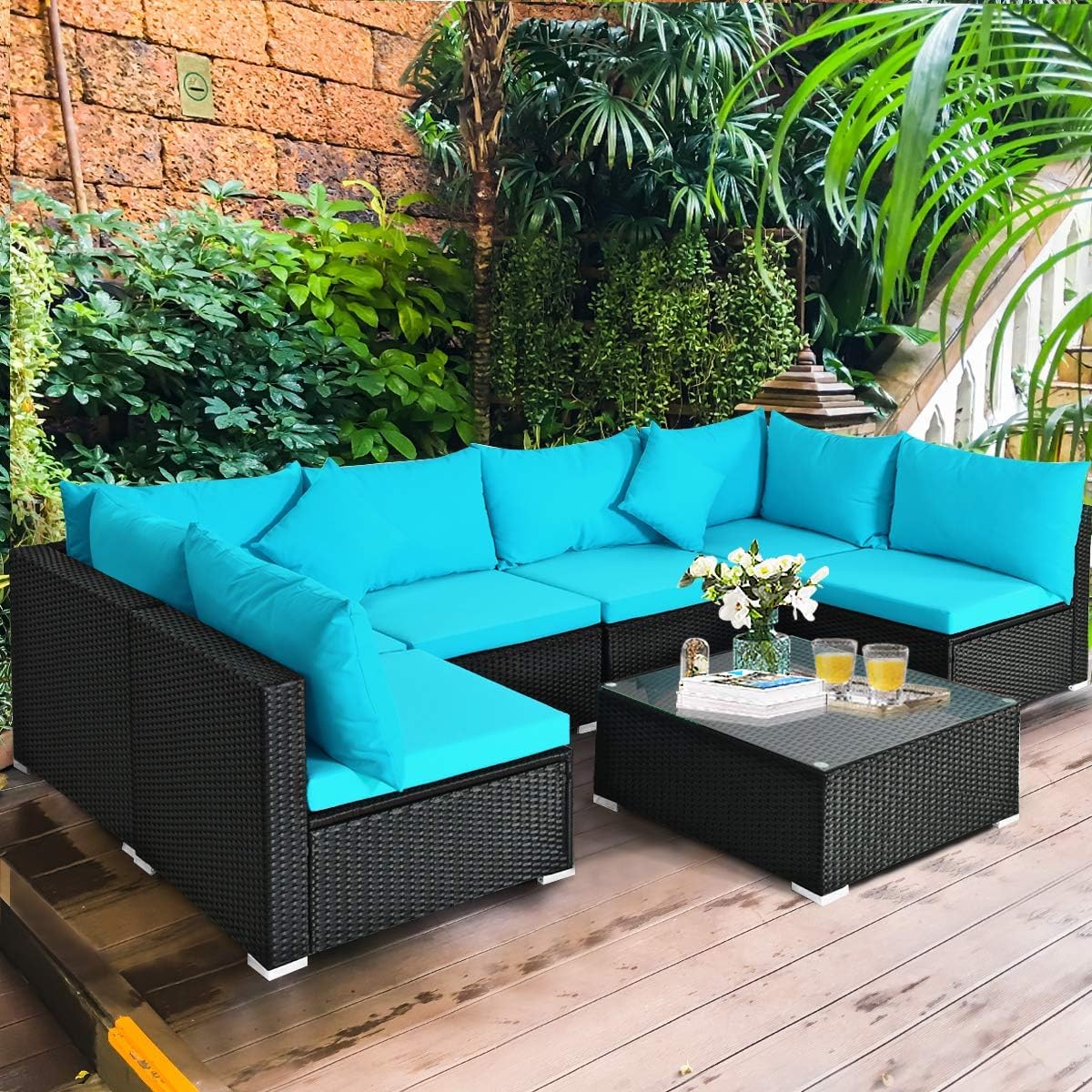 HAPPYGRILL 7 Pieces Patio Furniture Set Outdoor Rattan Wicker Sectional Sofa Set with Cushions & Pillows & Coffee Table for Garden Lawn