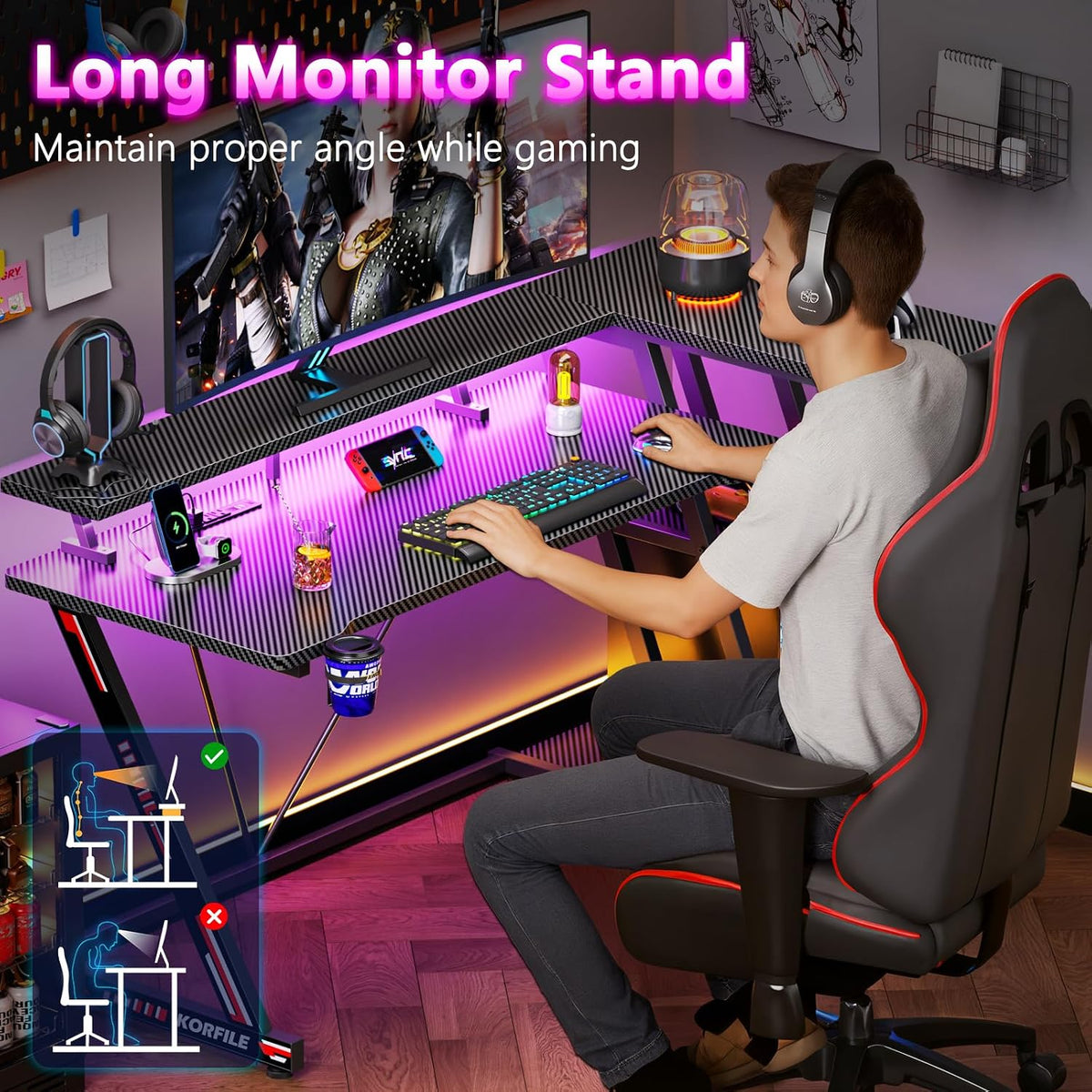 Korfile 55 Inch Gaming Desk with Power Outlet & LED Lights, L Shaped Gamer Computer Table with Storage Shelves for Bedroom, Corner Home Office Desk, Carbon Fiber Black