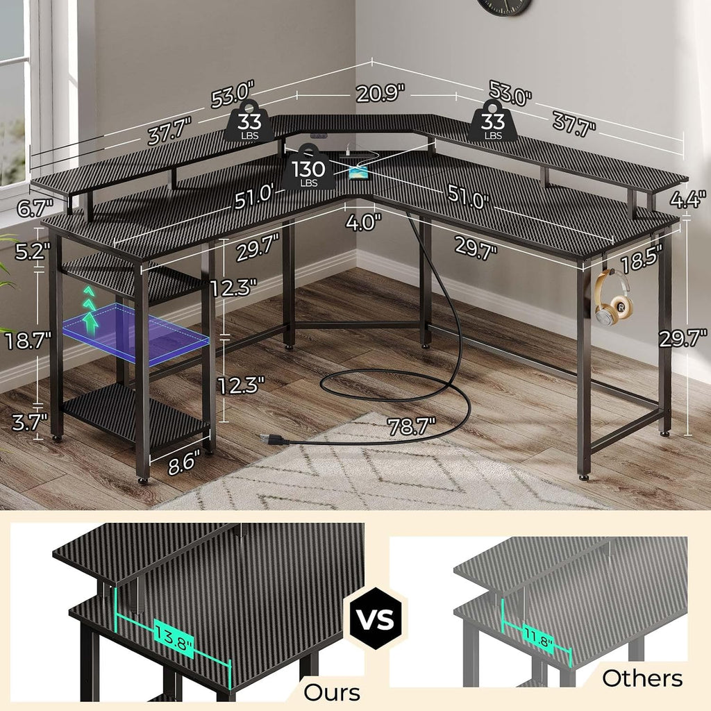 Rolanstar L Shaped Gaming Desk with LED Lights & Power Outlets, 53' Computer Desk with Full Monitor Stand & Storage Shelf, Corner Desk with Hooks, Carbon Fiber Desk Reversible