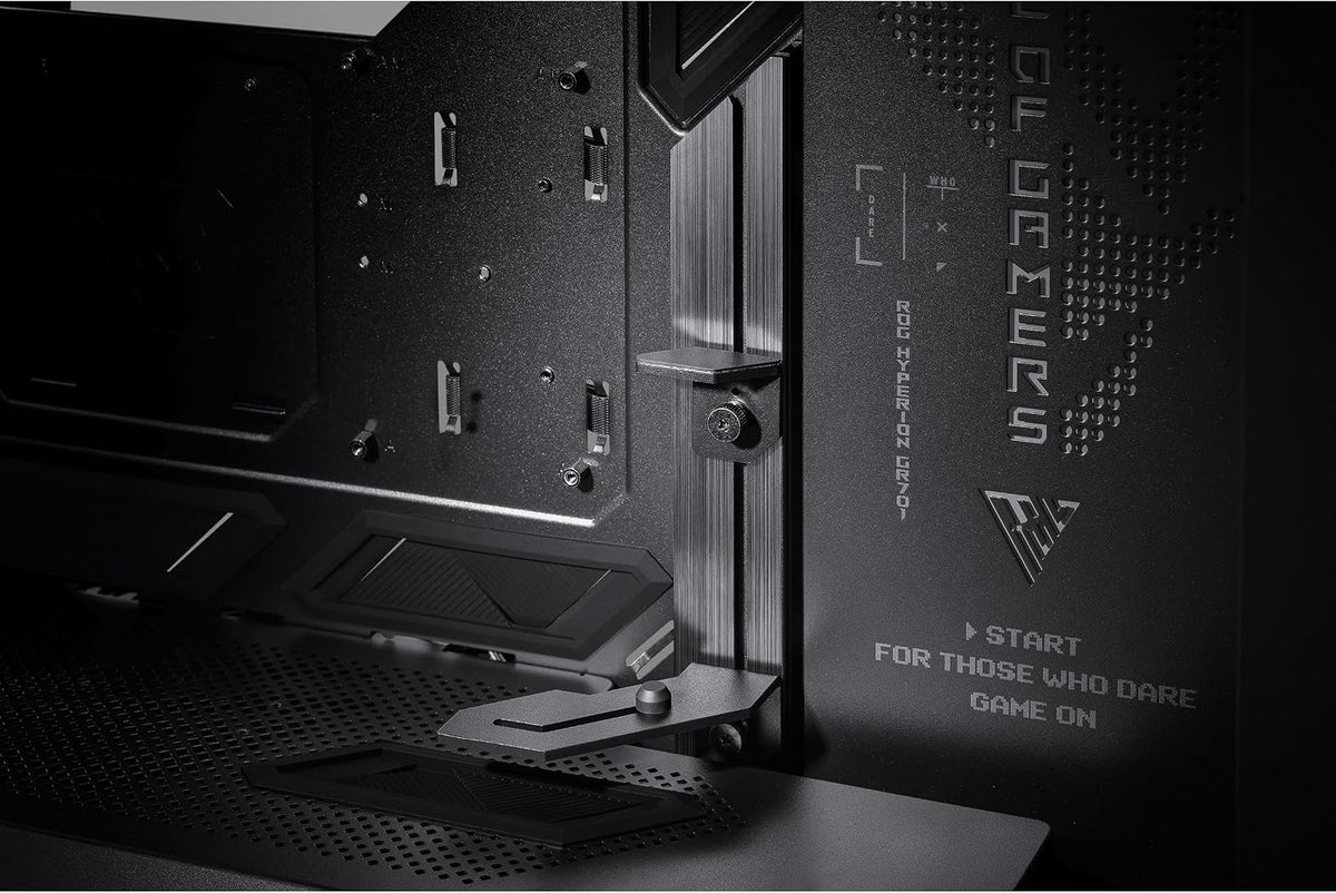 ASUS ROG Hyperion GR701 BTF Edition PC case, ASUS ATX BTF motherboards Support, 420 mm Dual Radiator Support, Four 140 mm Fans, Metal GPU Holder, Component Storage, ARGB Fan hub, 60W Fast Charging