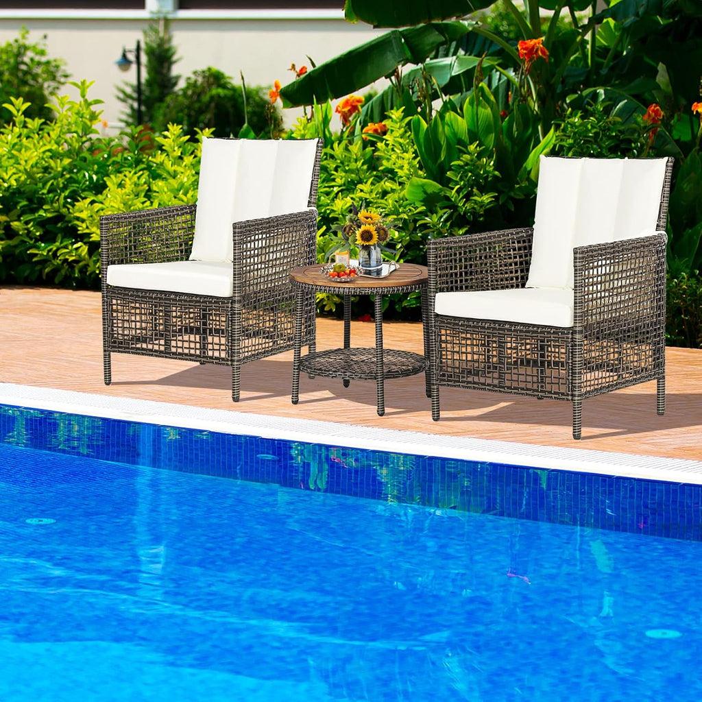 HAPPYGRILL 3 Pieces PE Wicker Bistro Set with Cushions, Patio Furniture Sofa Set with Side Table, Outdoor Conversation Set for Garden Poolside and Backyard