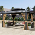 DWVO 10x12ft Hardtop Gazebo Double Roof Gazebo with Nettings and Curtains, Heavy Duty Galvanized Steel Outdoor Vertical Stripes Roof for Patio, Backyard, Deck, Lawns, Brown