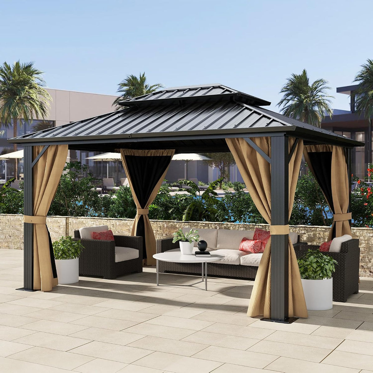 DWVO 10x12ft Hardtop Gazebo Double Roof Gazebo with Nettings and Curtains, Heavy Duty Galvanized Steel Outdoor Vertical Stripes Roof for Patio, Backyard, Deck, Lawns, Brown