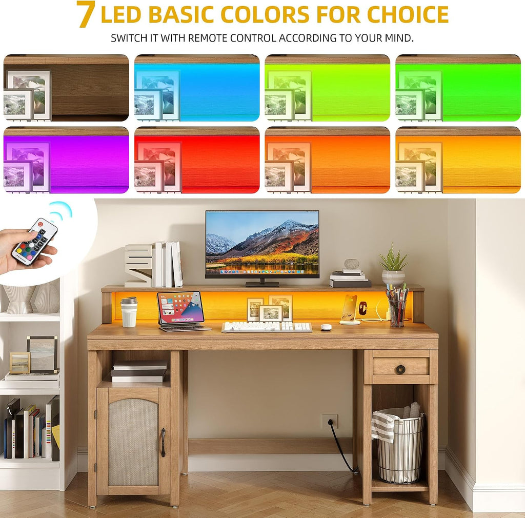 DWVO L Shaped Desk with Drawers, 65' Corner Desk Computer Desk with Power Outlets & LED Lights, Home Office Desk with Storage Shelves & Printer Stand, Light Brown