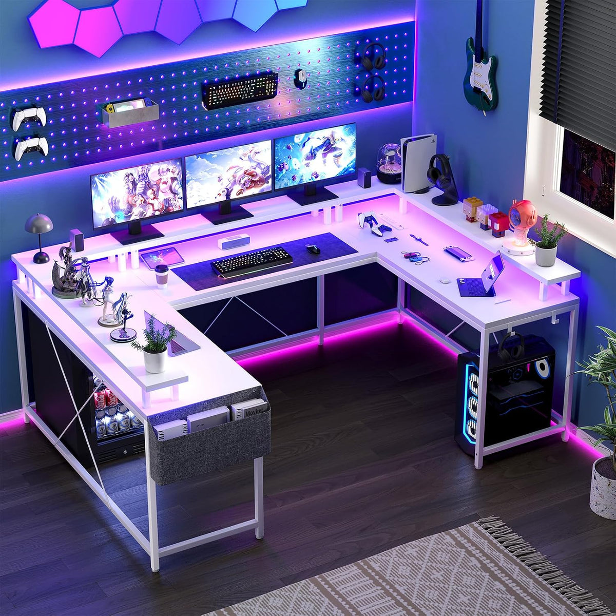 Jojoka U Shaped Computer Gaming Desk, Reversible L Shaped Desk with Power Outlets, LED Strip & Monitor Stand, Large Corner Desk with Storage Shelves for Home Office, White