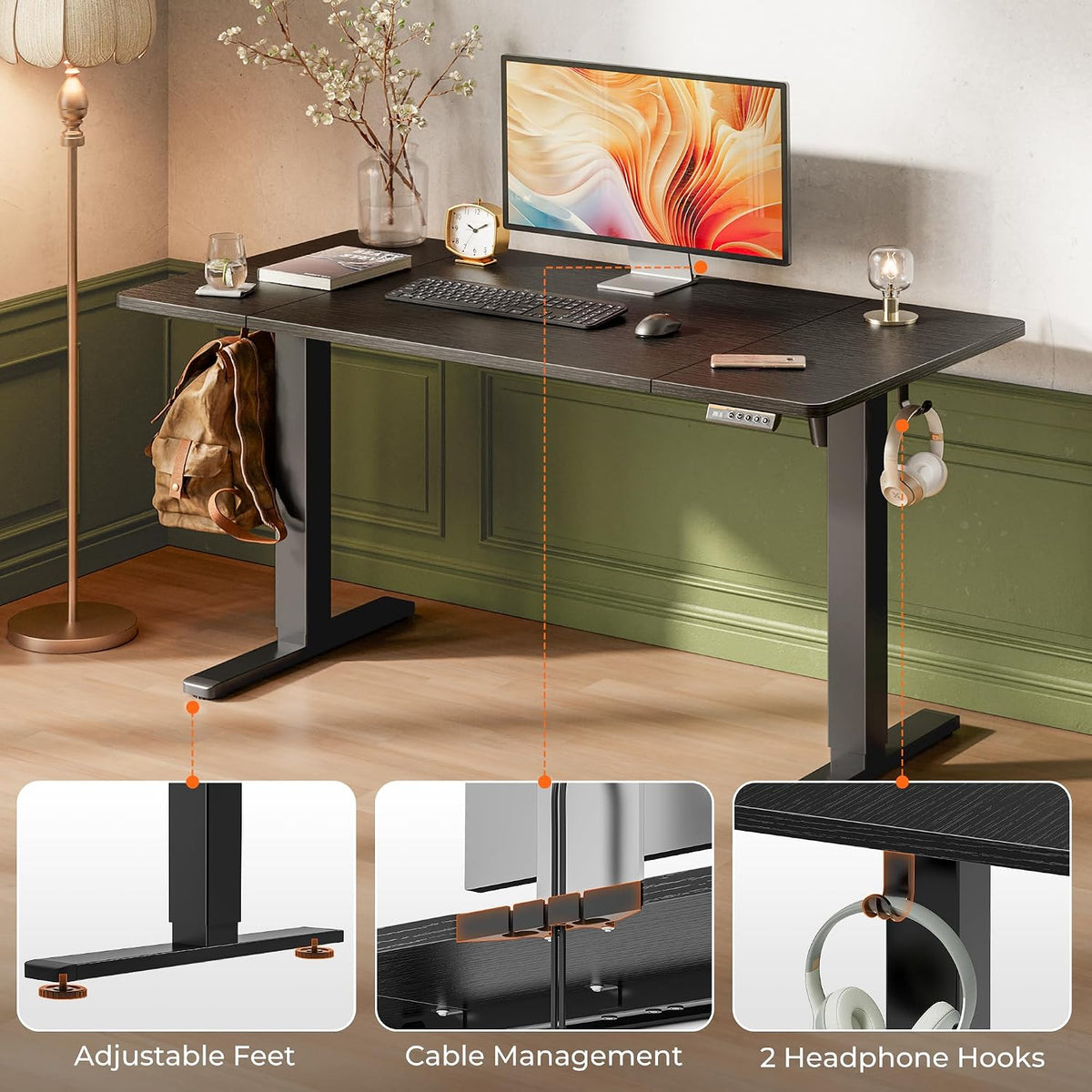 Huuger 55 x 28 Large Electric Standing Desk, Height Adjustable Computer Desk, 27.6' Deep Desktop, Stand up Gaming Office Table with 2 Hooks, 3 Preset Heights, for Home Office, Black
