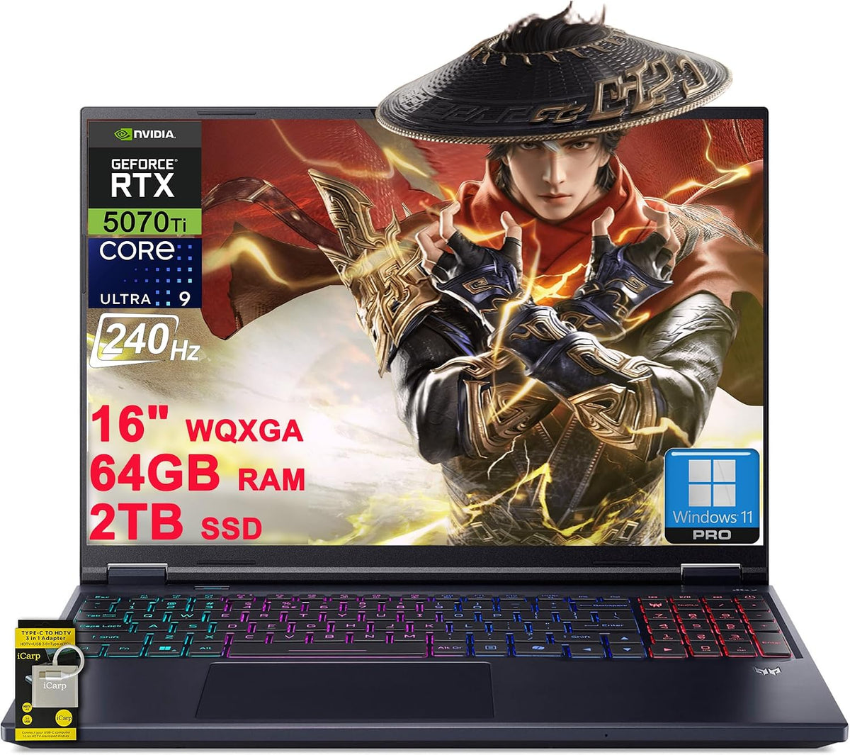 acer Predator Helios Neo 16S AI Gaming Laptop 16' WQXGA OLED 240Hz (100% DCI-P3) Intel 24-core Ultra 9 275HX 64GB DDR5 2TB SSD GeForce RTX 5070 Ti DLSS4 (Up to 992 AI Tops) Win11Pro ICP Hub