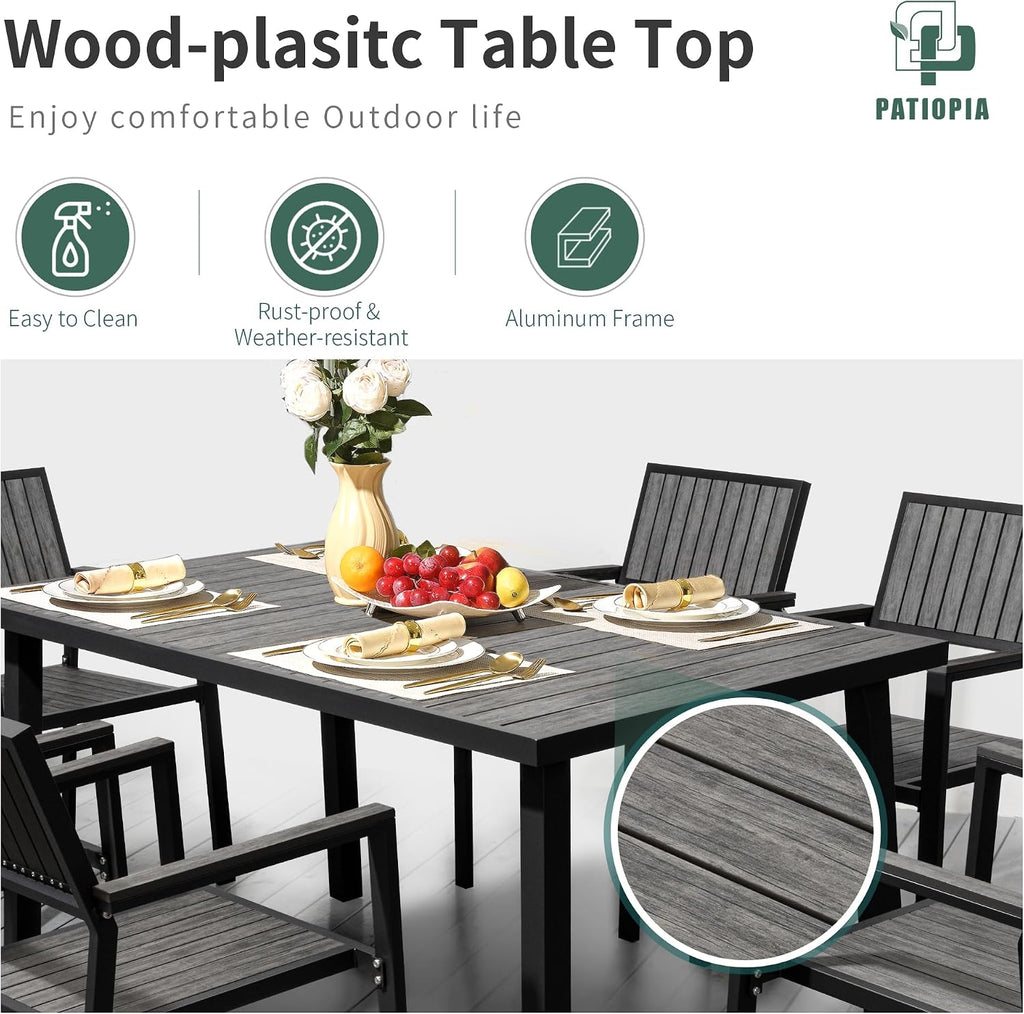 8-Piece Patio Dining Set，Aluminum Outdoor Furniture Set with Wood Table Top,Patio Table and Chairs Set with 6 Outdoor Stackable Chairs for Patio Garden Poolside，Ink