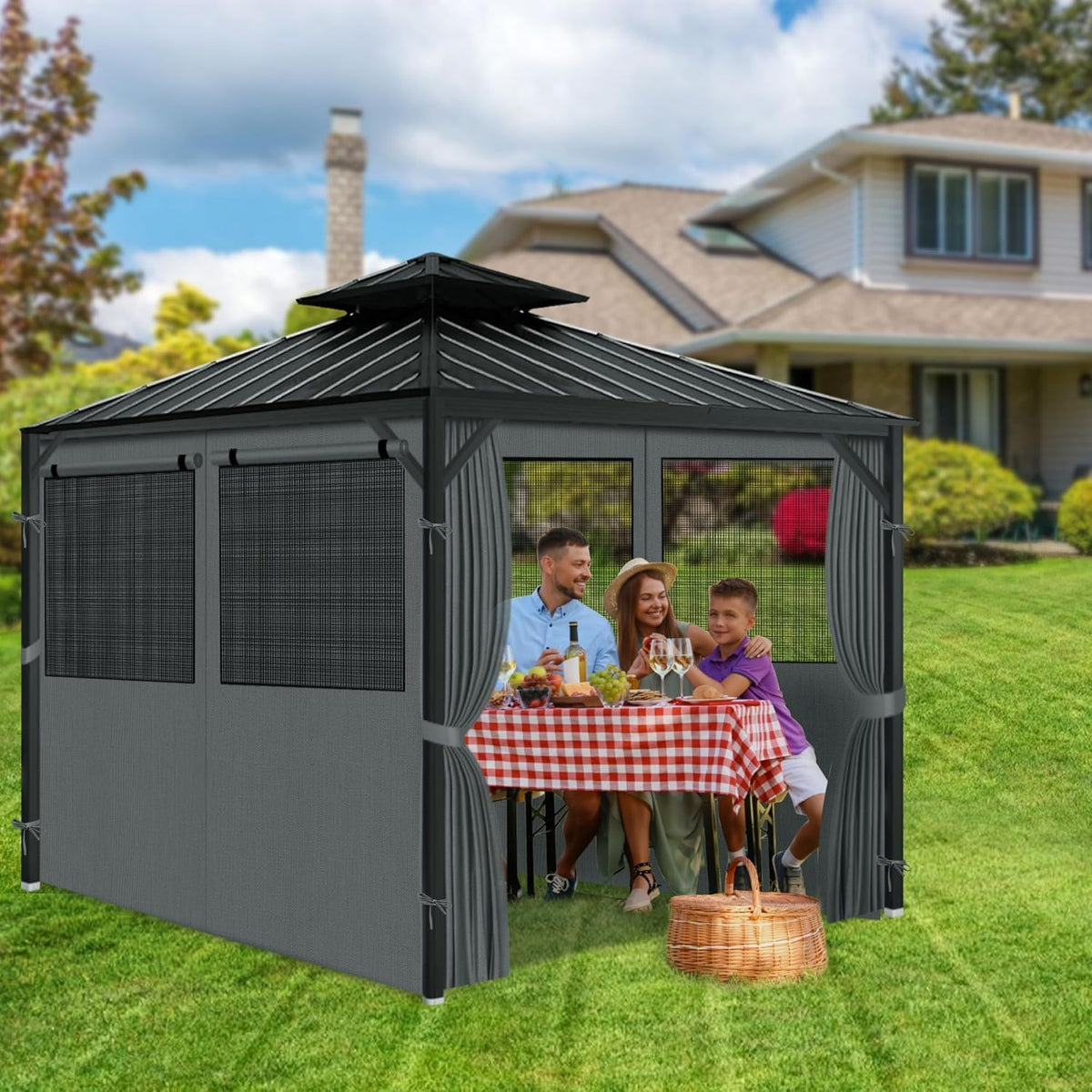 Gazebo Privacy Curtains 10' x 12' with Mosquito Windows, 4-Panels Side Wall with Zipper Universal Replacement for Patio, Outdoor Canopy, Garden and Backyard, Gray (Curtain Only)