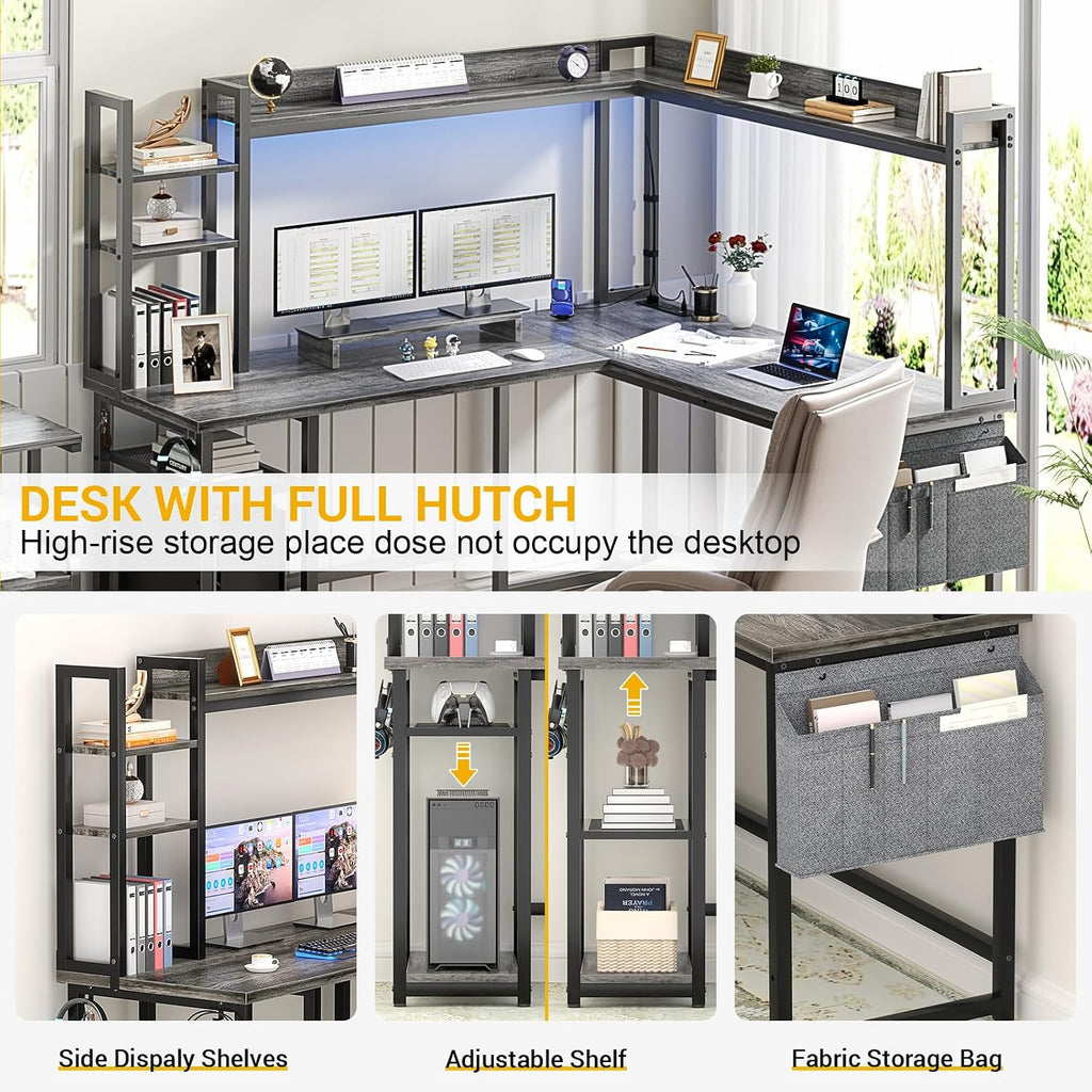 Aheaplus L Shaped Desk with Power Outlet, L Shaped Gaming Desk with Led Light & Hutch, Reversible Home Office Desk, Corner Computer Desk Writing Desk with Monitor Stand & Storage Shelves, Grey Oak