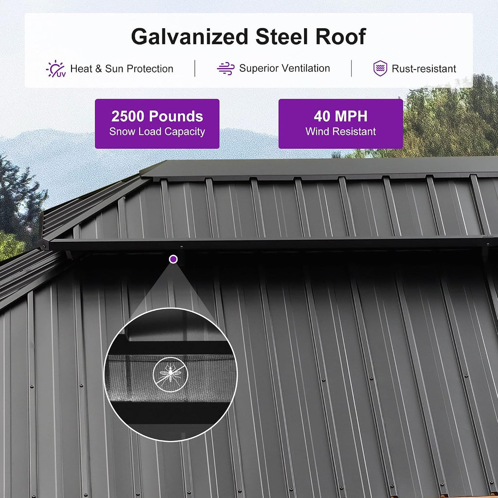 PURPLE LEAF 12' X 20' Outdoor Hardtop Gazebo for Patio Galvanized Steel Double Roof Permanent Canopy Teak Finish Coated Aluminum Frame Pavilion Gazebo with Netting