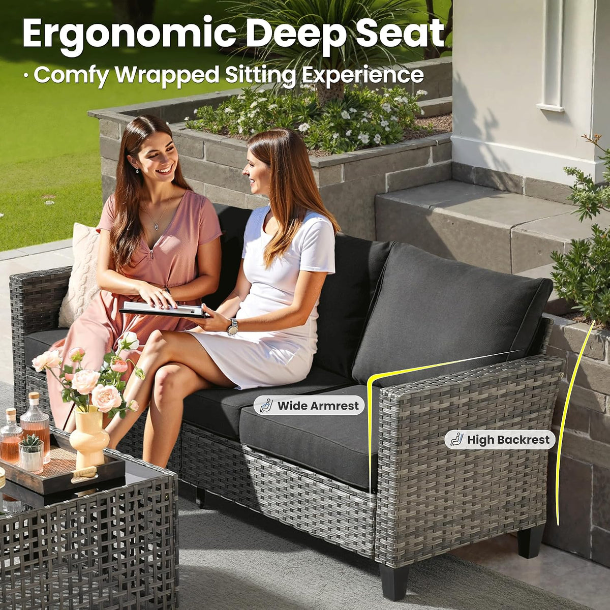 ovios 7 Pieces Patio Furniture Set with 42' Fire Pit Table, Outdoor Sofa Couch with Solar Lights Table Comfy Cushions, Modern Deep Seat Wicker Rattan Conversation Set, Black