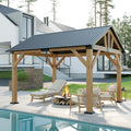 AMERLIFE 10x12 ft Spruce Wood Gazebo, Hardtop Pergola with Metal Steel Roof, Outdoor Gazebo with Guest House for Garden, Porch, Patio, Black + Natural Wood