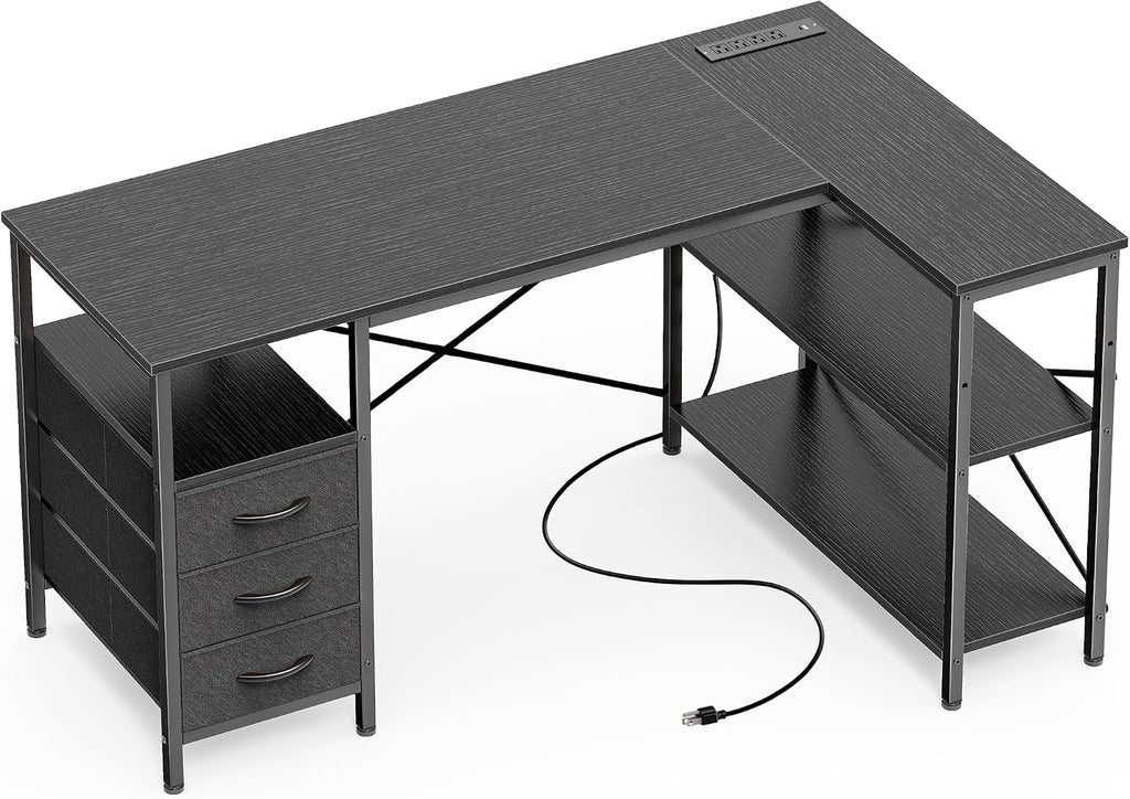 Huuger L Shaped Office Desk with Power Outlets, 47 Inch Computer Desk with 3 Drawers, Shelves, for Gaming, Corner Work, Home Office, Study, Black