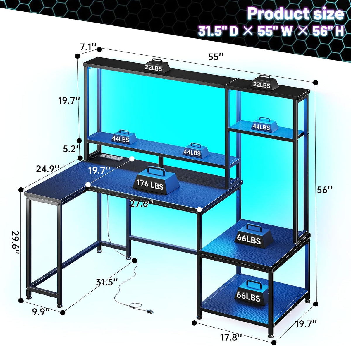 DurayLoly Gaming Desk with LED Lights & Outlets,55' L Shaped Computer Desk with Shelves & Storage Hutch,Reversible Corner Gaming Table with Printer Space & Monitor Stand for Home Office,Black