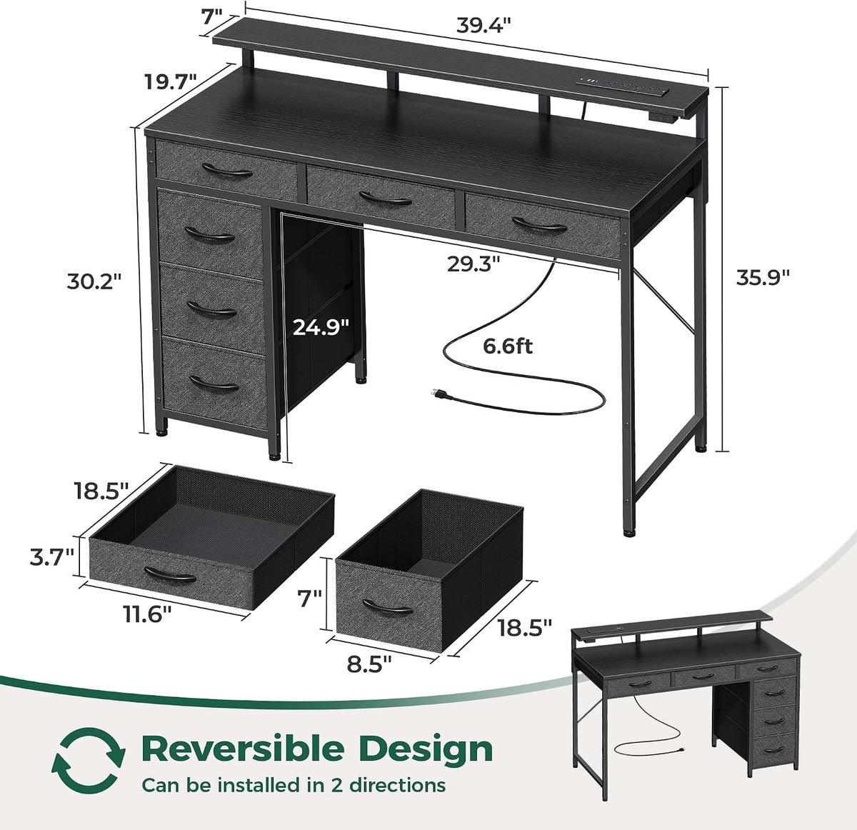 Huuger Gaming Desk with 6 Drawers, Computer Desk with LED Lights Power Outlets and Type-C, 39 Inch Office Desk with Storage, Monitor Stand, Writing Desk Work Desk Home Office, Bedroom, Study, Black