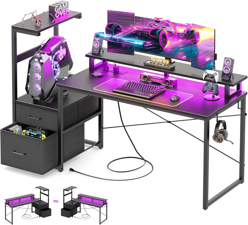 Aheaplus Gaming Desk with LED Strip & Power Outlet, 59Inch Reversible Computer Desk with Monitor Stand & Storage Shelves, Home Office Desks with Fabric File Drawer, PC Gamer Table, Carbon Fiber Black