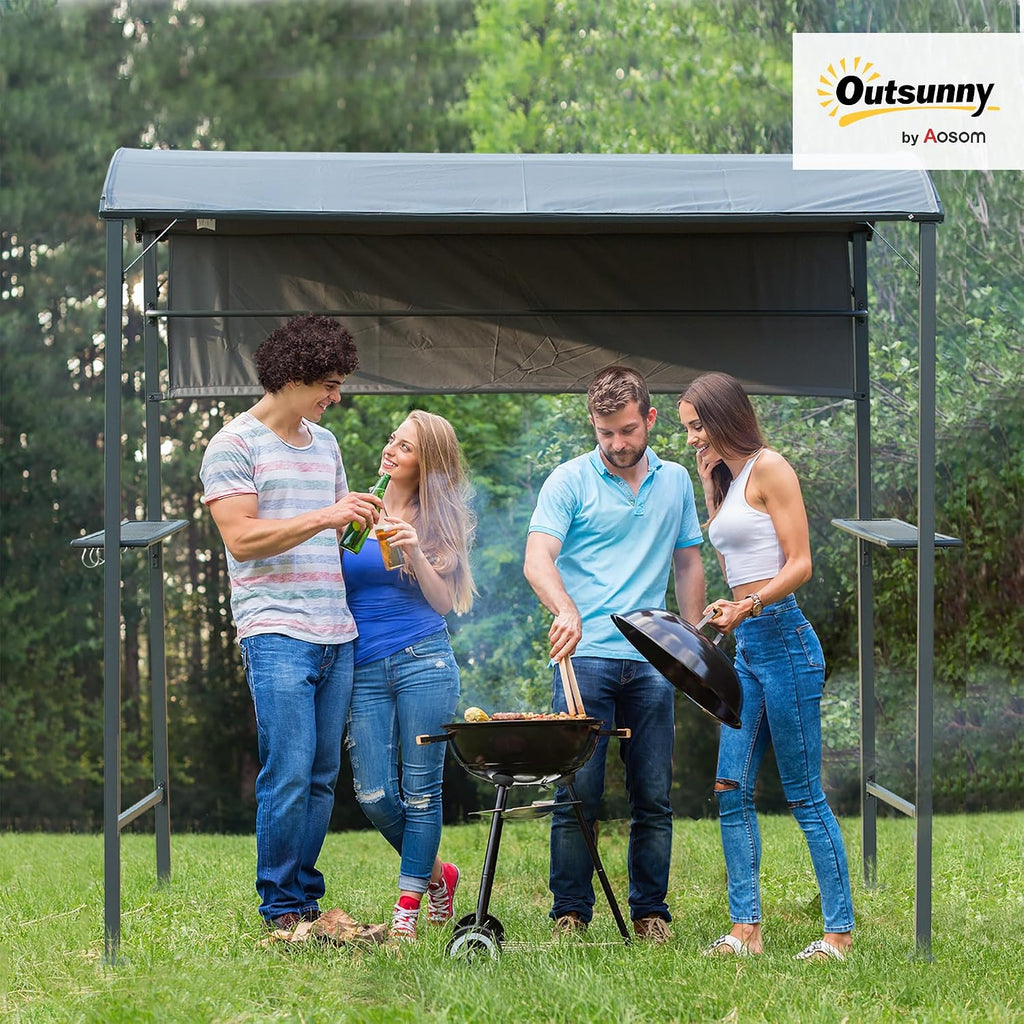 Outsunny 7FT Grill Gazebo BBQ Canopy with Sun Shade Panel Side Awning, 2 Exterior Serving Shelves, 5 Hooks for Patio Lawn Backyard Multi