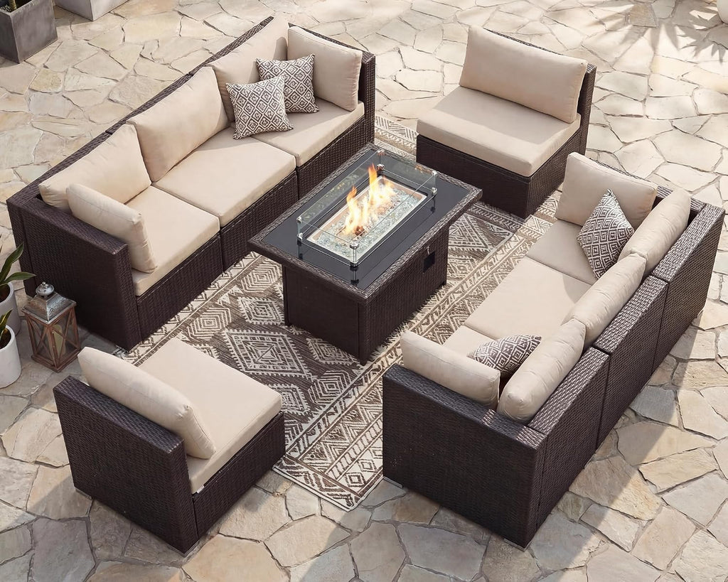 BULEXYARD 9 Pcs High Back Outdoor Sectional Set with Firepit Table, High-End Patio Furniture Seating Set, Big Oversized Wide Deep Modular 8-Seater Couch Sofa for Backyard, Brown Wicker & Beige Cushion