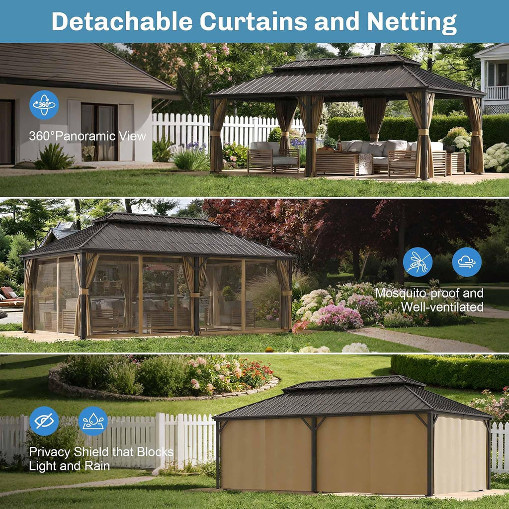 12×22 ft Outdoor Gazebo with Double-Layered Galvanized Steel roof, Hard-top Canopy Featuring Curtains and mesh Panels, Suitable for patios, Gardens, Decks, lawns, and backyards.