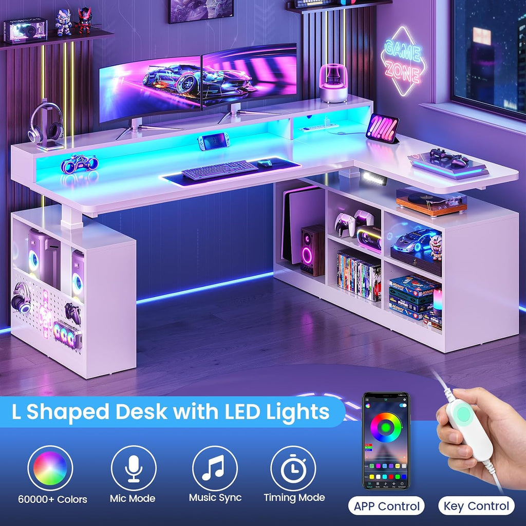 SEDETA L Shaped Electric Standing Desk, 63 inch Height Adjustable Corner Computer Desk with Storage Shelves and LED Lights, Corner Gaming Desk with Power Outlet and Pegboard for Home Office, White