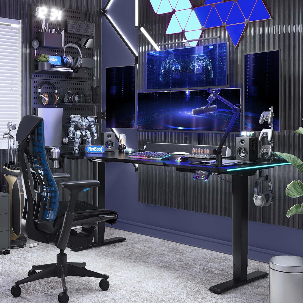 FLEXISPOT E6G CyberX 63 Inch RGB LED Electric Gaming Standing Desk, Dual Motor 3-Stage Adjustable Desk up to 352 lbs, Large Ergonomic Computer Workstation for Gamers, Streamers & Home Studios (Black)
