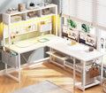 SEDETA White L Shaped Office Desk, 57.5' Corner Computer Desk with Power Outlet Pegboard and Keyboard Tray, Gaming Table with LED Lights, Hutch and Storage Shelves for Home Office