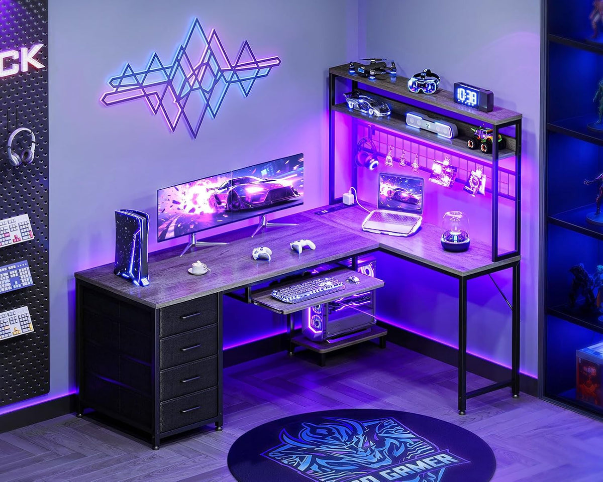 AODK 59 Inch L Shaped Desk with 4 Drawers, Gaming Desk with Led Lights & Power Outlets, Computer Desk with Pegboard & Keyboard Tray, Reverisble Home Office Desk with Storage Shelves & CPU Stand, Grey