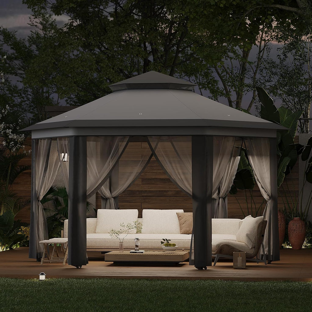 13' x 13' Pop-Up Gazebo, Hexagonal Canopy Shelter with 6 Zippered Mesh Netting, Event Tent with Strong Steel Frame for Backyard, Garden, Lawn, Dark Grey and Light Grey