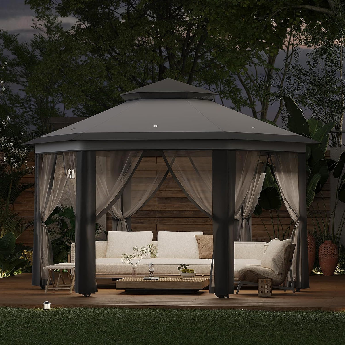 13' x 13' Pop-Up Gazebo, Hexagonal Canopy Shelter with 6 Zippered Mesh Netting, Event Tent with Strong Steel Frame for Backyard, Garden, Lawn, Dark Grey and Light Grey