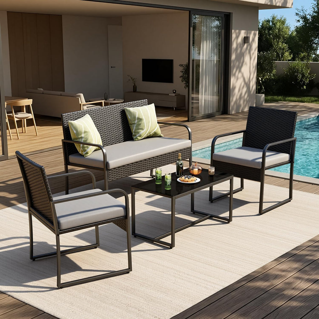 Gizoon 4 Piece Patio Furniture Set, Wicker Furniture with Glass Coffee Table, Outdoor Rattan Conversation Set, for Backyard, Poolside, Porch, Lawn, Cushion-Grey