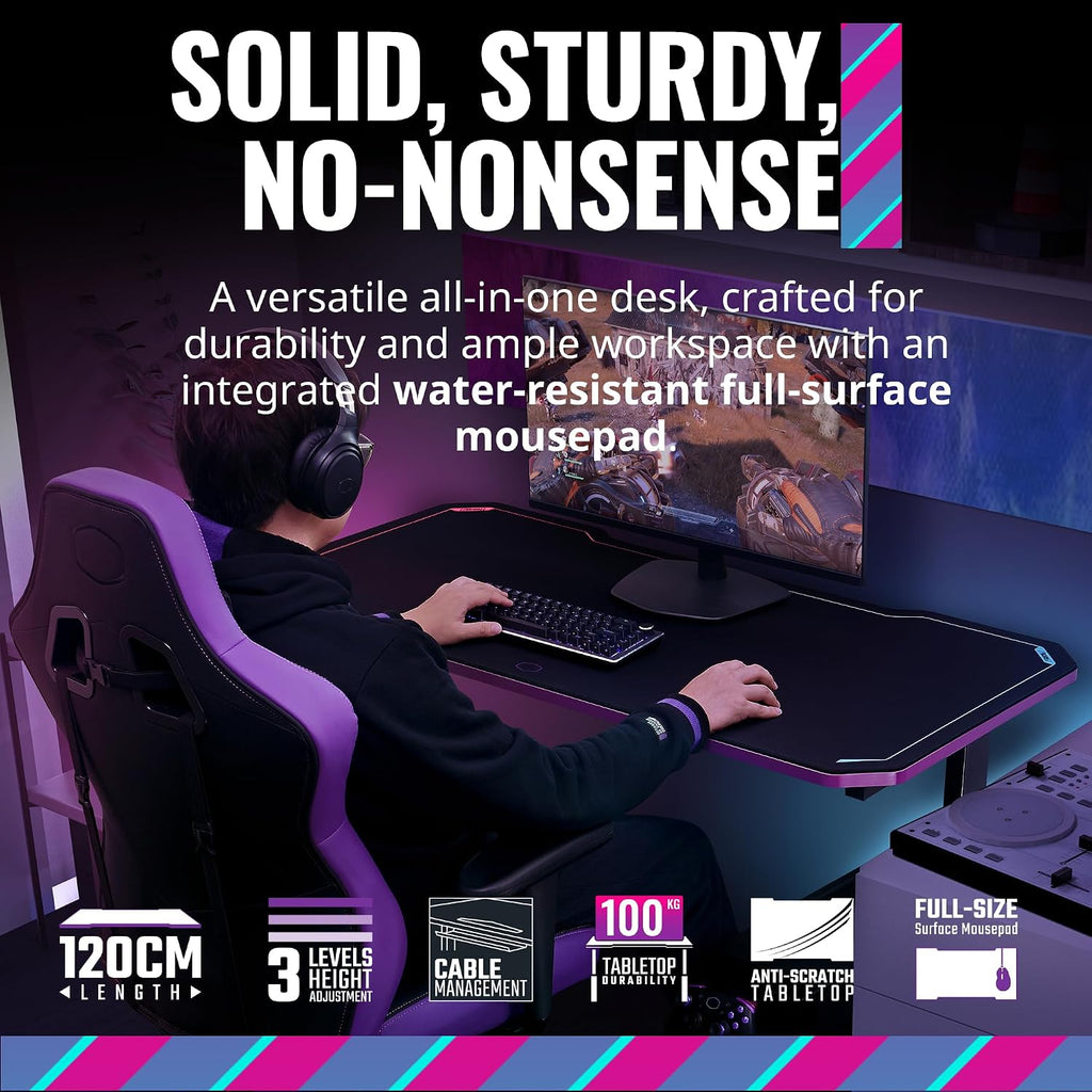 Cooler Master GD120 PC Gaming Desk with Cable Management, Water-Repellent Mousepad, Modern Simple Sturdy Style Table Workstation for Home Office