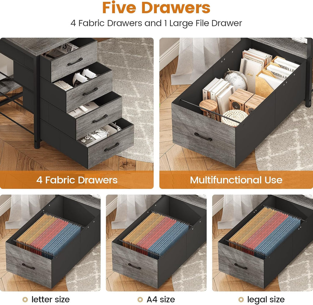 SEDETA 75'' Computer Desk with 5 Drawer, Power Outlet & Led Lights, Home Office Desk with File Drawer, Storage Shelves, Printer Cabinet and Monitor Shelf, 23.6' W Large Desktop Gaming Desk, Grey