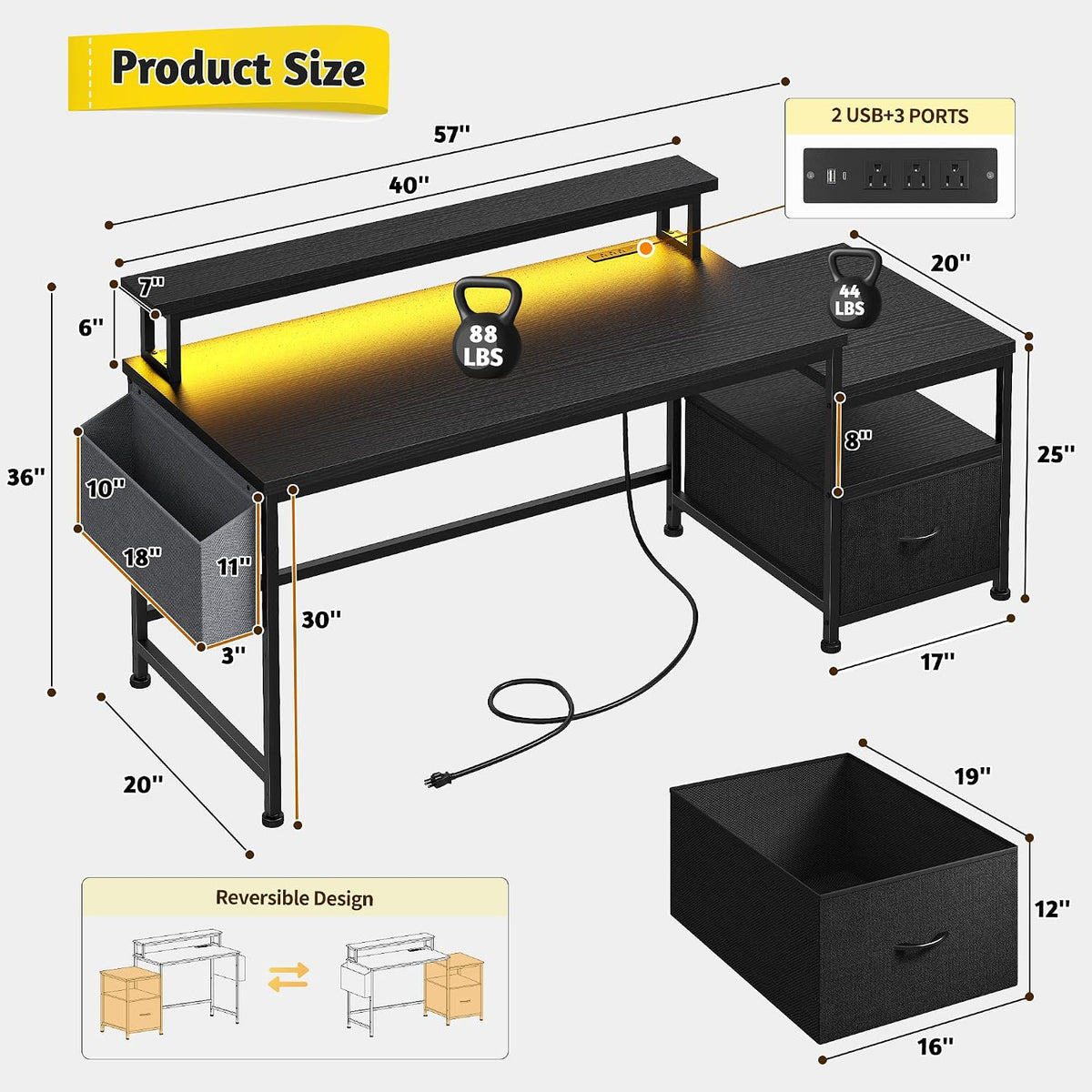 DurayLoly Gaming Desk with Monitor Stand,Computer Desk with LED Lights &Power Outlets,Office Desk with Drawers & Printer Shelf,Writing Table with Side Storage Bag,57' W x 20' D x 36' H,Black Desk