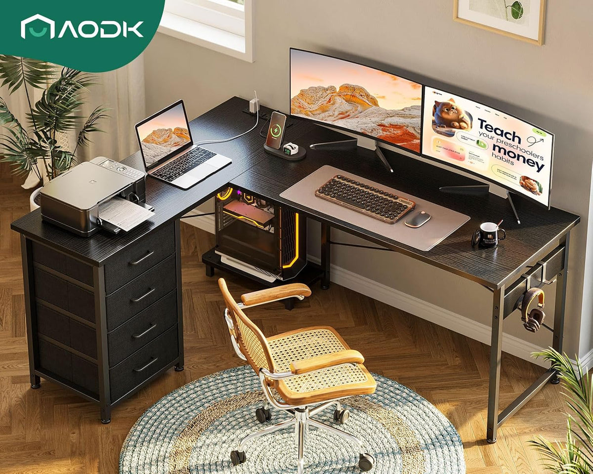 AODK L Shaped Gaming Desk with 4 Drawers, 53' Reversible Home Office Desks with Power Outlets, L Shaped Computer Desk with USB Charging Port and Host Stand, Corner Desk, Easy to Assemble, Black