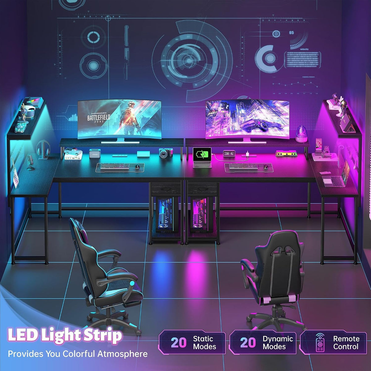 EnHomee 53 inch L Shaped Gaming Desk with LED Lights & Power Outlets, Reversible Corner Desk with Monitor Stand, Computer Desk with Shelf and Drawers for Home Office Writing, Study & Gaming, Black