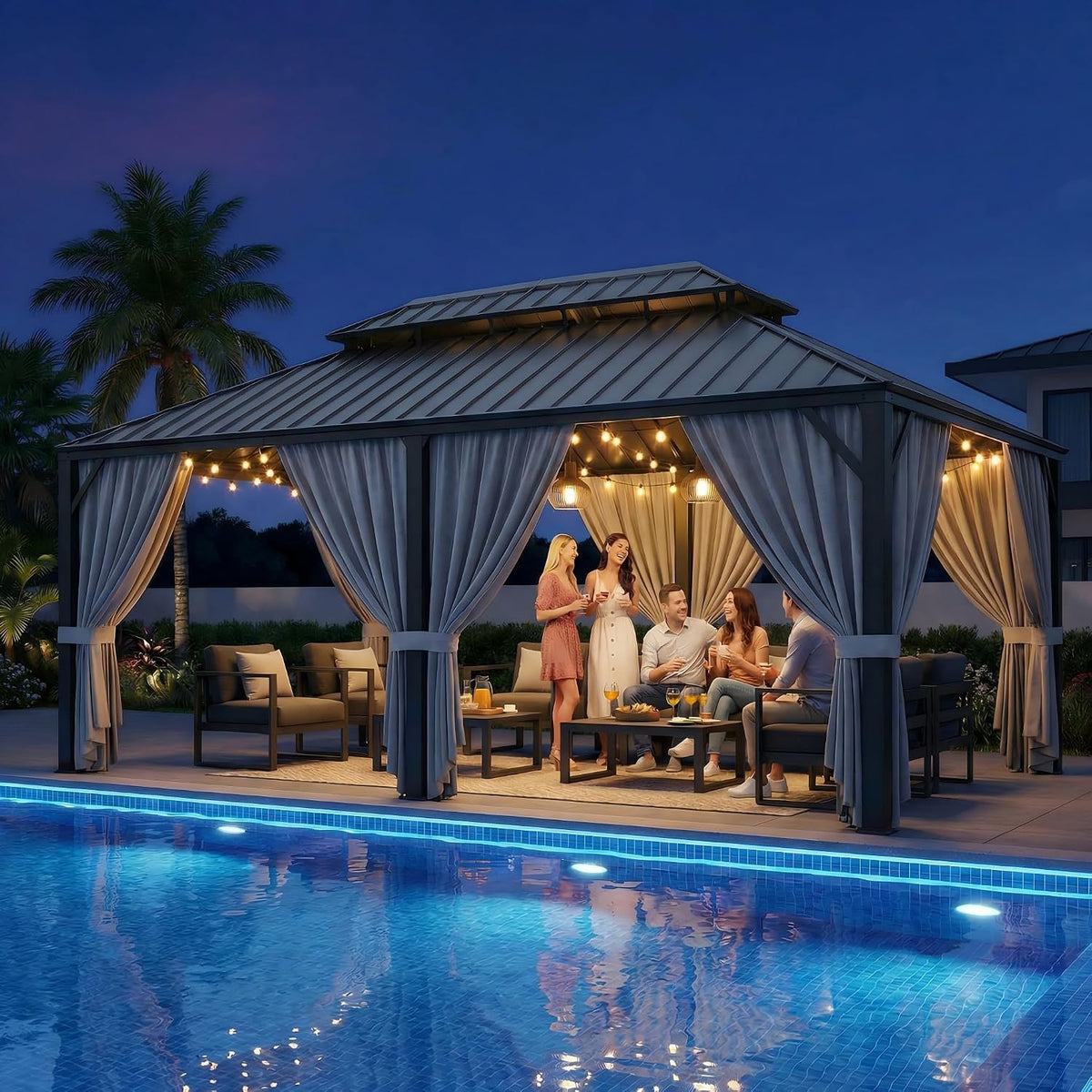 IRONCK 12'x20' Outdoor Hardtop Gazebo, Aluminum Patio Gazebo with Galvanized Steel Double Roof, Patio Pergola with Net and Curtain, Backyard Canopy for Garden, Deck, Black Gray
