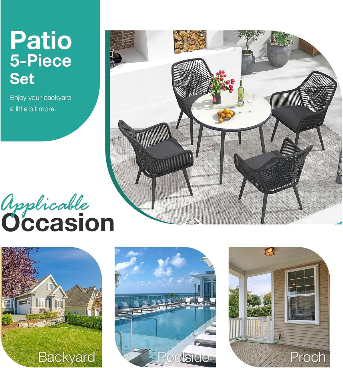 Patiorama 5-PC Patio Dining Set,Outdoor Dining Table Chair Set,All-Weather Twisted Rattan Wicker Rope Conversation Set,Patio Furniture Set w/Umbrella Hole,Cushioned Chairs&Table(Dark Grey&Cross Back)