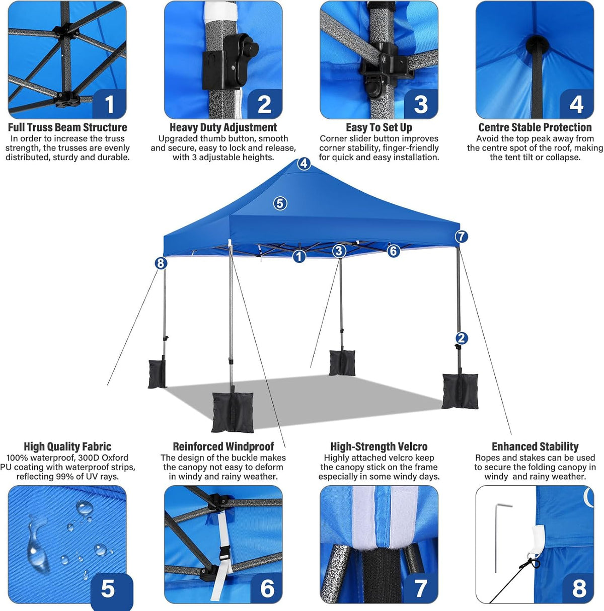 COBIZI 10x10 Heavy Duty Pop Up Canopy Tent with 4 Sidewalls Thicken Frame, Commercial Easy Up Outdoor Wedding Party Tents, All Season Waterproof Windproof with Stakes Sandbags Ropes Roller Bag, Blue