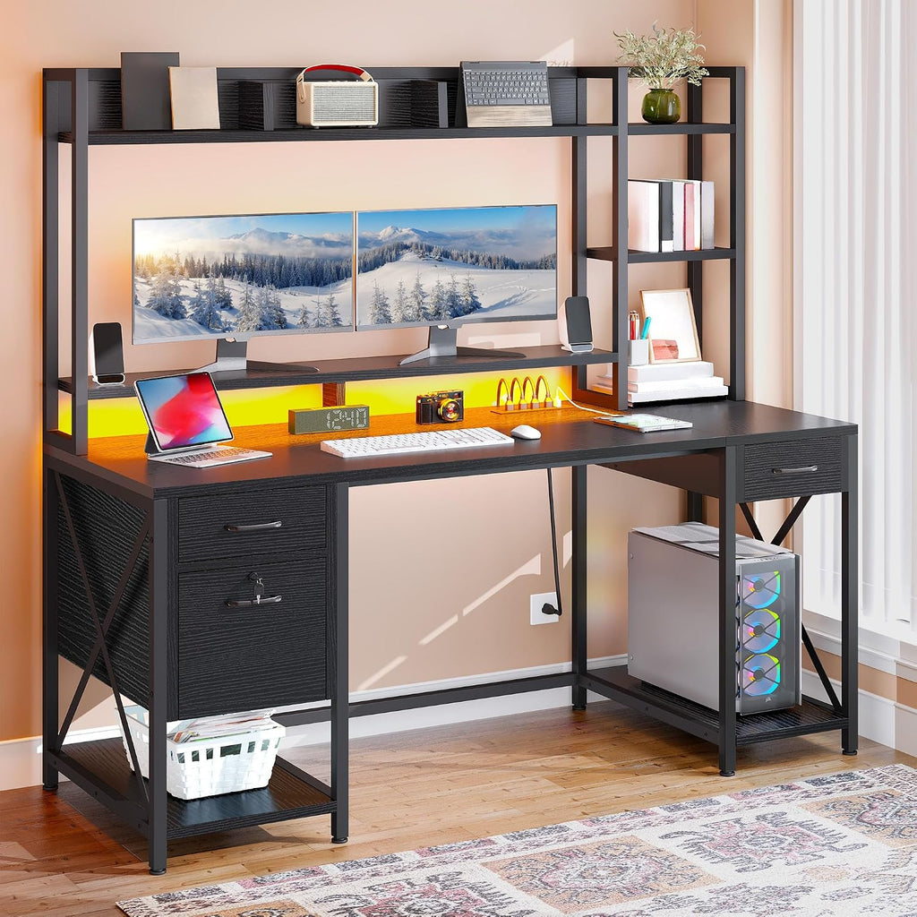 YITAHOME Computer Desk with Drawers & Hutch, 59.1' Office Desk with LED Lights & Power Outlets, Gaming Desk with Monitor Stand & Storage Shelves, Black