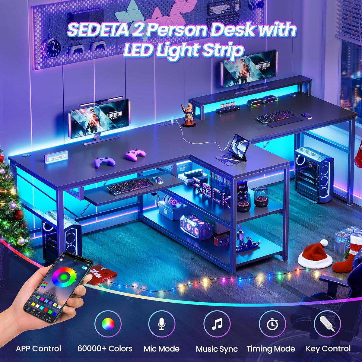 SEDETA 94.5' Office Computer Desk, 2 Person Gaming Desk with Storage, LED Lights, Keyboard Tray, Power Strip with USB & Monitor Stand, Long Two Person Desk for Home Office, Black