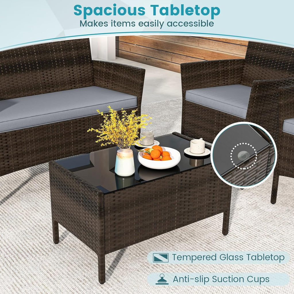 DORTALA Wicker Patio Furniture Set 4 Piece, Outdoor PE Rattan Table & Chairs Set with Tempered Glass Coffee Table, Loveseat, Cushions, Conversation Set for Balcony, Porch, Backyard, Deck, Gray