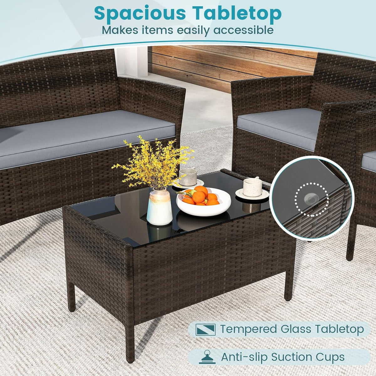 DORTALA Wicker Patio Furniture Set 4 Piece, Outdoor PE Rattan Table & Chairs Set with Tempered Glass Coffee Table, Loveseat, Cushions, Conversation Set for Balcony, Porch, Backyard, Deck, Gray