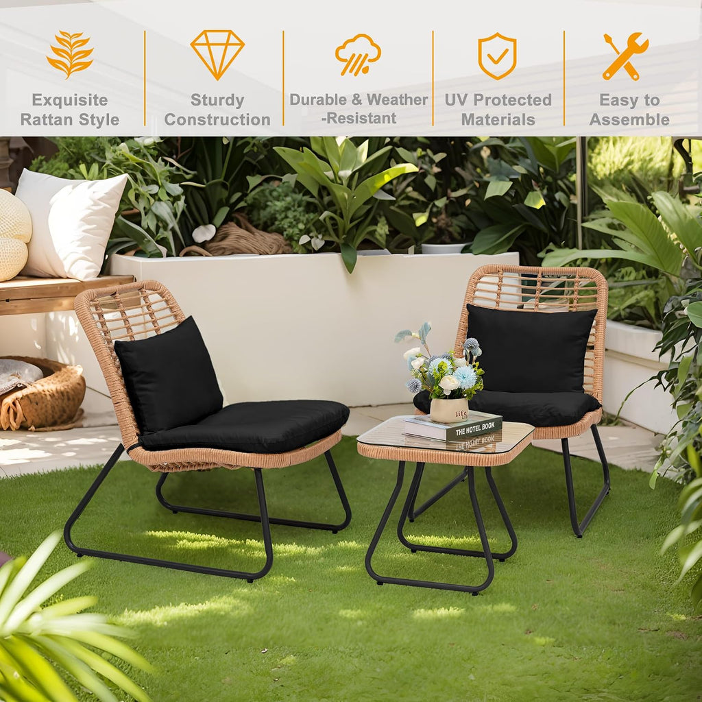Tappio 3 Piece Outdoor Wicker Furniture Patio Bistro Set, Balcony Furniture Rattan Conversation Sets with Cushions, Wicker Patio Chairs Patio Furniture Set for Outdoor Poolside Garden