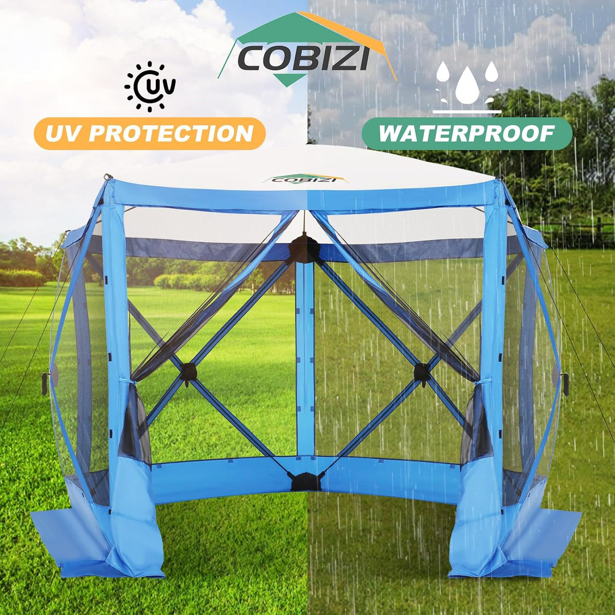 COBIZI 10x10 FT Pop up Gazebo, Popup Canopy Tent,Screened in Gazebos with sidewalls, Waterproof Portable Outdoor Small Screen Tents Sun Shelter,carpas para Patio for Camping, Garden and Backyard,Blue