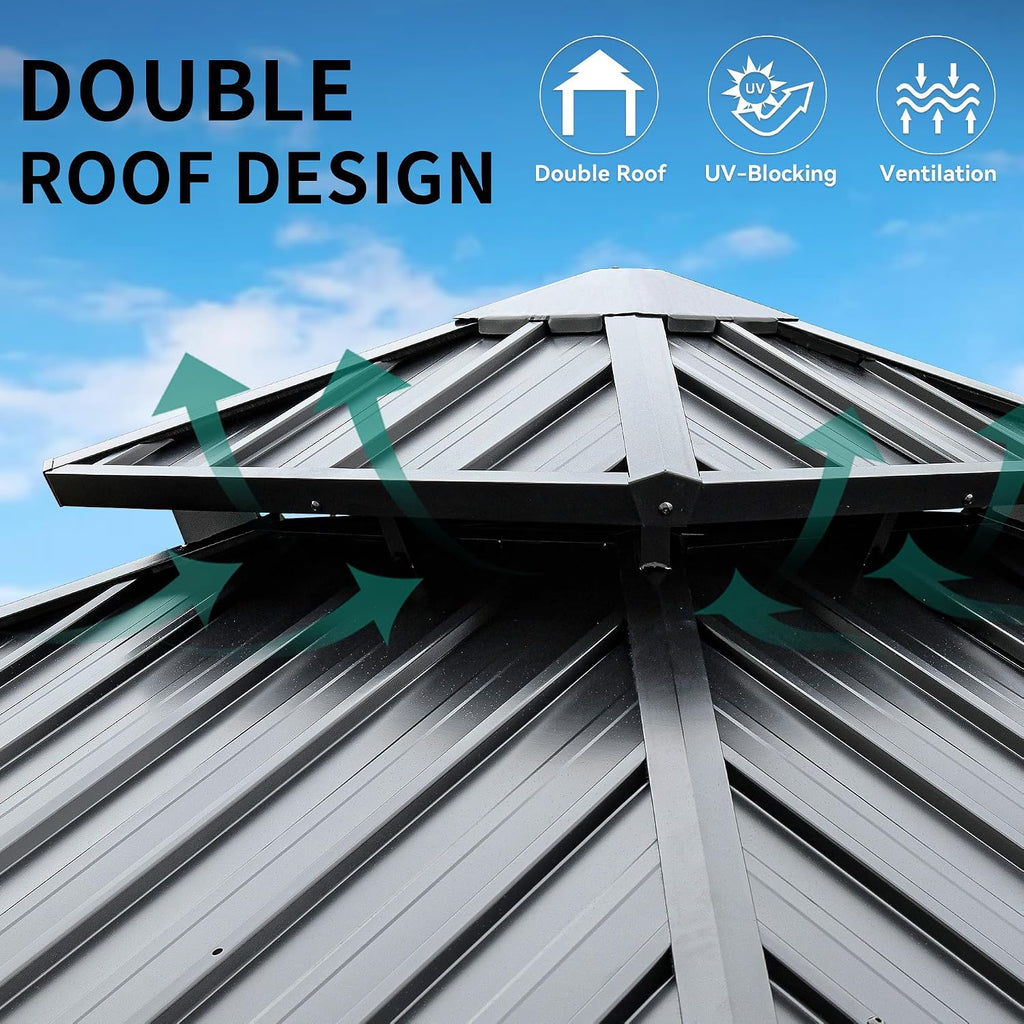 YITAHOME 10X10FT Hard Top Metal Gazebo Patios Double Roof Canopy Aluminum Frame Garden Gazebo Tent Curtains Netting for Patios Backyards Decks Lawns Gray